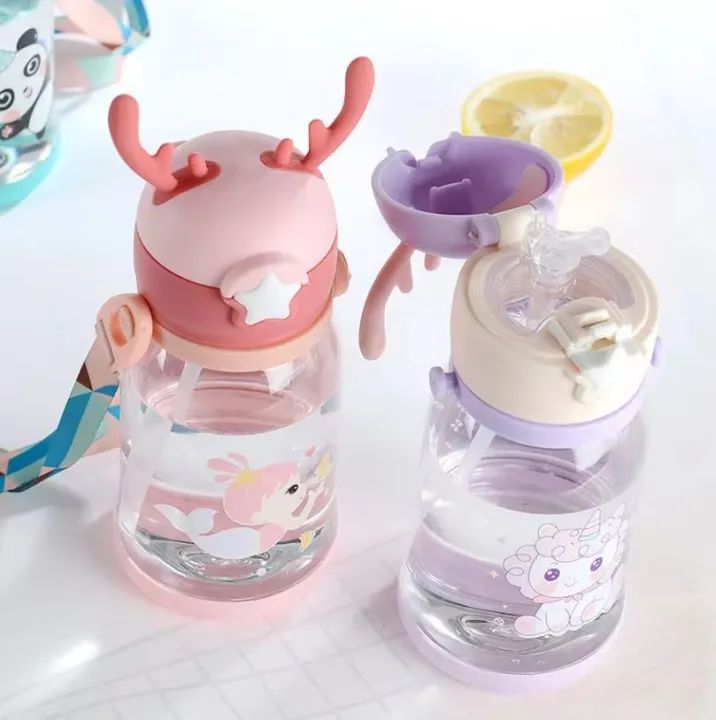 600ML Imported Quality Kids Sipper Bottle with Straw Strap And Stricker Horn Design Plastic Bottle Leakproof Sipper Bottle For Boy Girl Kids