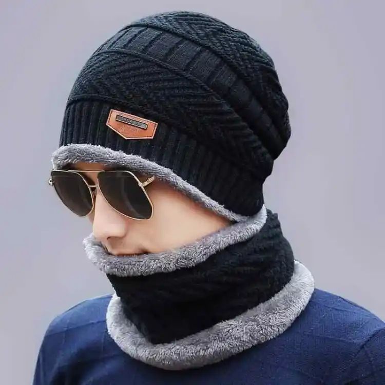 2pc Winter Cap Beanie Hat Cap Neck Warmer Scarf Set Fleece Lined Skull Cap and Scarf Unisex Hat & Scarf Set Stylish Knit Skull Cap for Men Women