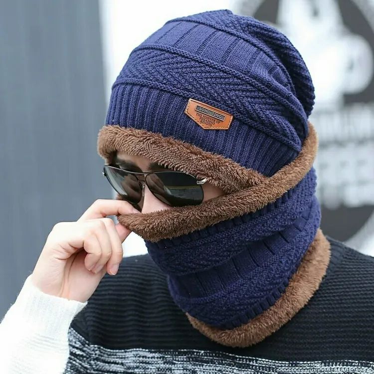 2pc Winter Cap Beanie Hat Cap Neck Warmer Scarf Set Fleece Lined Skull Cap and Scarf Unisex Hat & Scarf Set Stylish Knit Skull Cap for Men Women