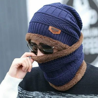 2pc Winter Cap Beanie Hat Cap Neck Warmer Scarf Set Fleece Lined Skull Cap and Scarf Unisex Hat & Scarf Set Stylish Knit Skull Cap for Men Women