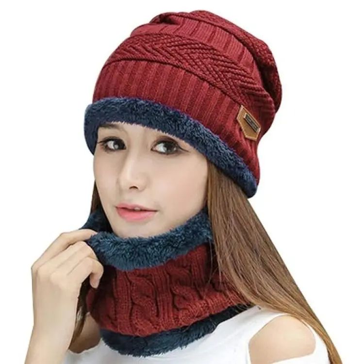 2pc Winter Cap Beanie Hat Cap Neck Warmer Scarf Set Fleece Lined Skull Cap and Scarf Unisex Hat & Scarf Set Stylish Knit Skull Cap for Men Women