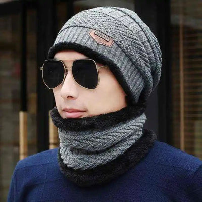 2pc Winter Cap Beanie Hat Cap Neck Warmer Scarf Set Fleece Lined Skull Cap and Scarf Unisex Hat & Scarf Set Stylish Knit Skull Cap for Men Women